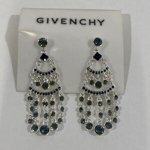 Vintage Y2K 90s Givenchy Silver Blue Chandelier Dangle Post Rhinestone Earrings